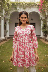 cotton blend off white floral printed top