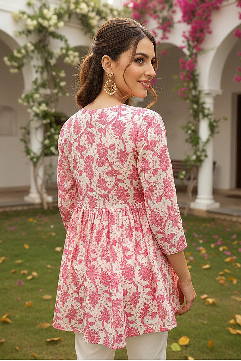 cotton blend off white floral printed top