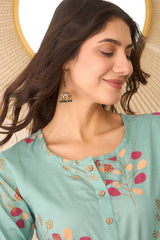 blue cotton blend floral printed regular top