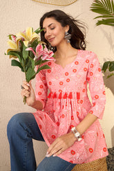 pink cotton blend floral printed regular peplum top