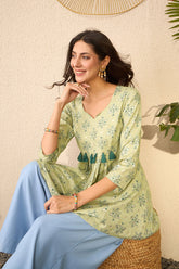 green rayon blend floral printed regular peplum top