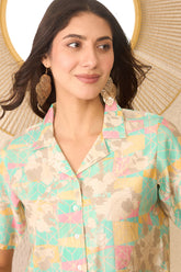 multi cotton blend abstract printed crop shirt style top