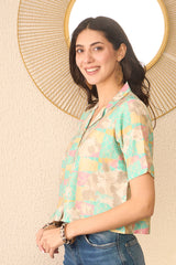multi cotton blend abstract printed crop shirt style top
