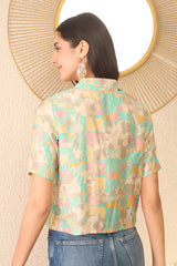 multi cotton blend abstract printed crop shirt style top