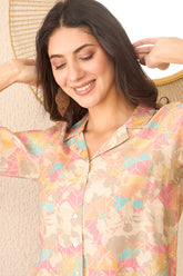 multi cotton blend abstract printed crop shirt style top