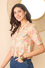 multi cotton blend abstract printed crop shirt style top