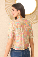 multi cotton blend abstract printed crop shirt style top