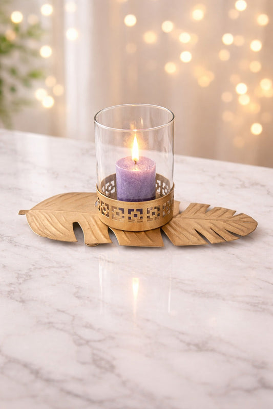 golden leaf tealight candle holder with glass bowl metal decorative table centerpiece for living room diwali decoration home decor gift item copy