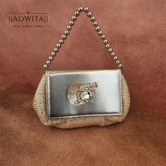 Adwita - Batua Bag In White And Silver With Clear Crystal Broach With Mother Of Pearl Shell