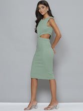SASSAFRAS - Sage Green Waist Cut - Out Ribbed Bodycon Midi Dress