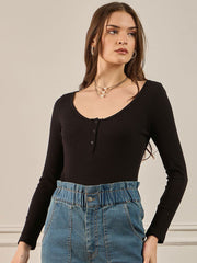 Black Ribbed Henley Top