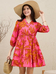 Zummer Pink Floral Shawl Collar Tiered Mini Dress