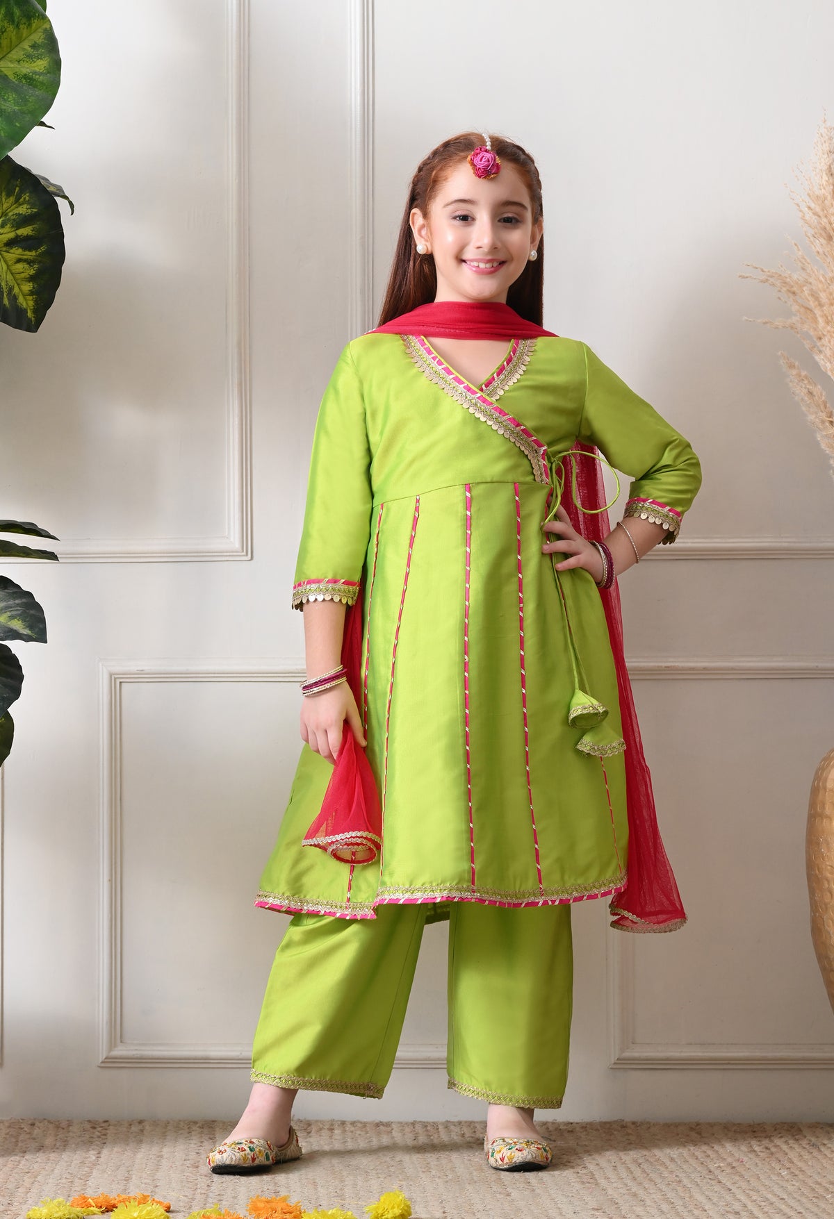 Girl's Lime Green Wrap Style Kurta Set with Contrasting Pink Dupatta