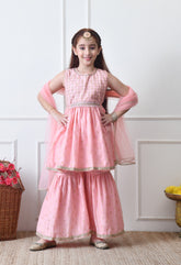 Girls Elegant Peach Pink Gota Work Kurta Sharara Set with Dupatta