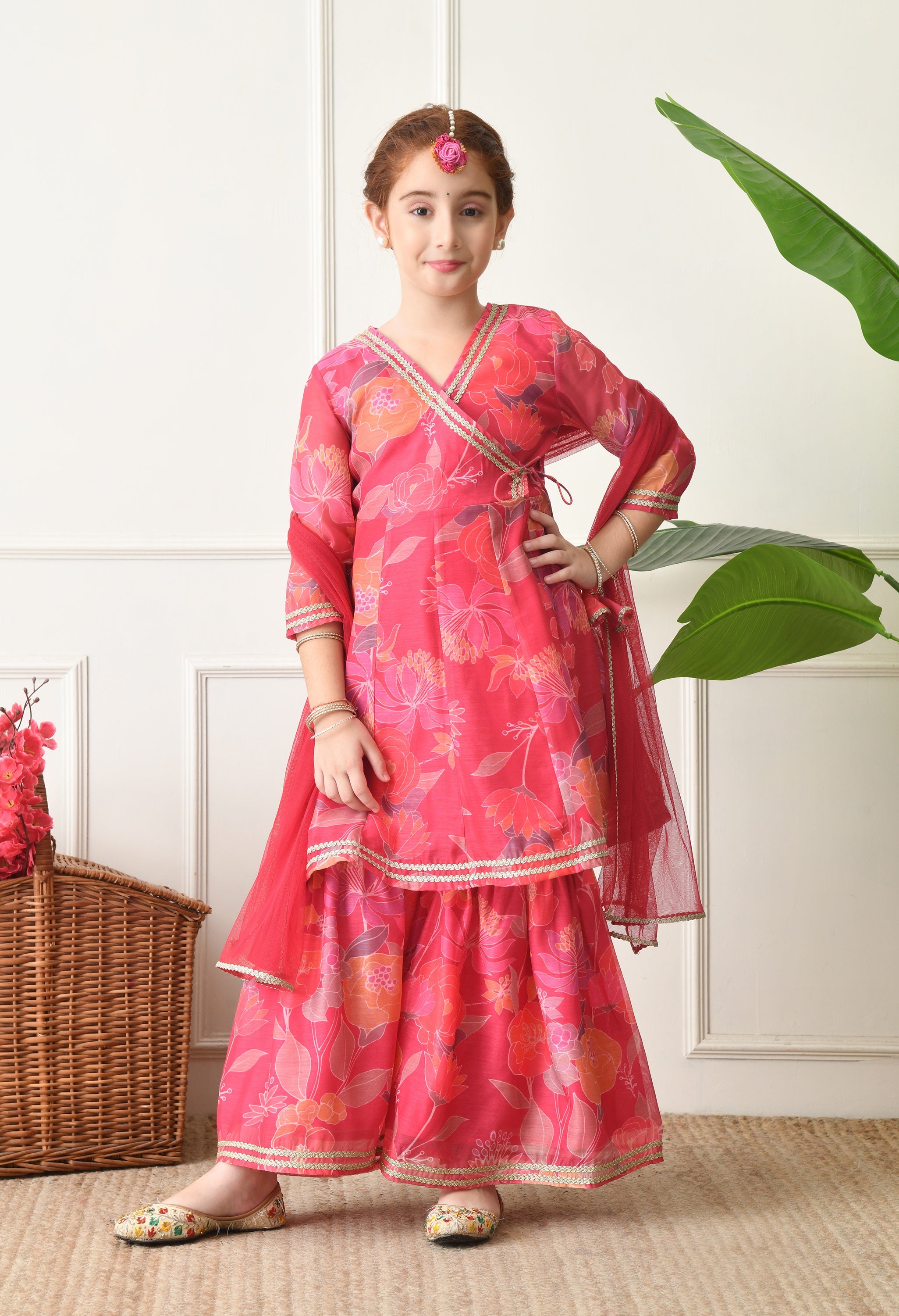 Girls Pink Floral Printed Angrakha Sharara Set with Dupatta