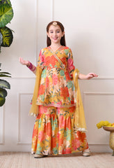 Girl's Yellow Multicolor Floral Printed Angrakha Kurta Sharara Set with Dupatta