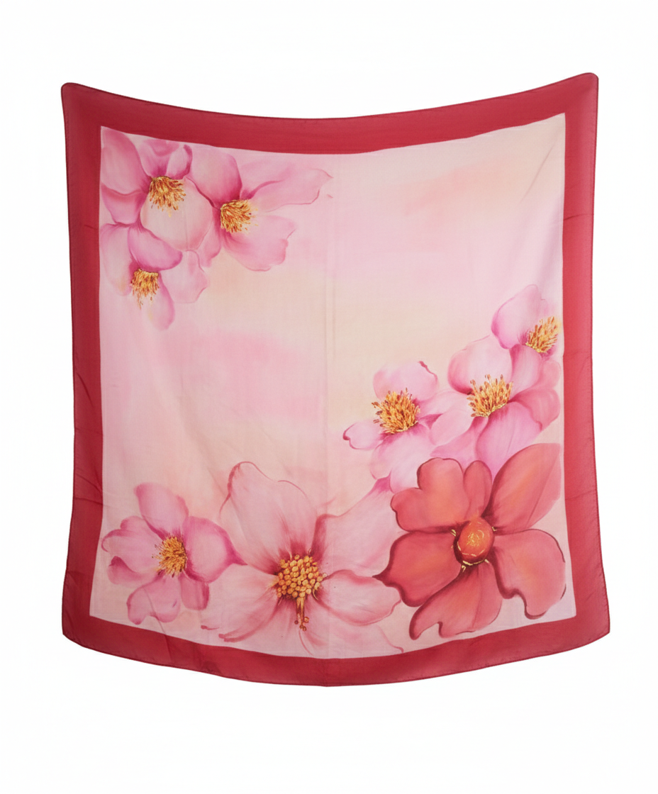 Red Blossom - Hand Painted Pure Silk Square Canvas