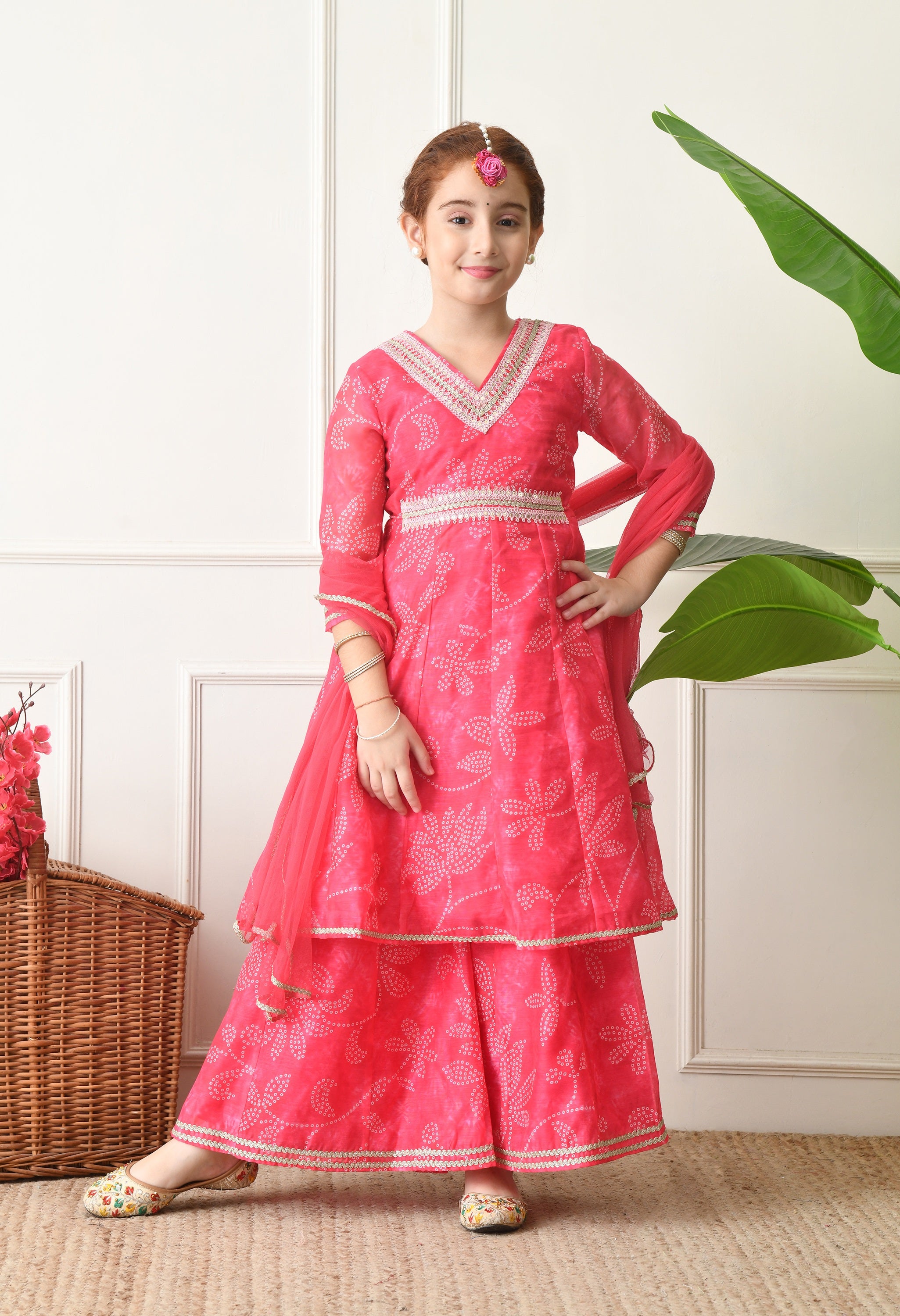 Girls Pink Bandhani Printed Layered Sharara Set with Dupatta
