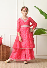 Girls Pink Bandhani Printed Layered Sharara Set with Dupatta