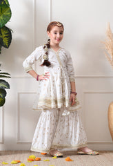 Girls Off White Bandhej foil print Kurta with Sharara Set