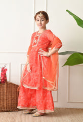 Girls Peach Floral Bandhej Printed Panelled Kurta Sharara Set with Dupatta