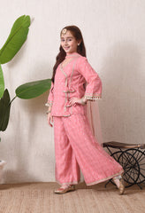 Girls Pink Festive Kurta & Palazzo Set with Dupatta
