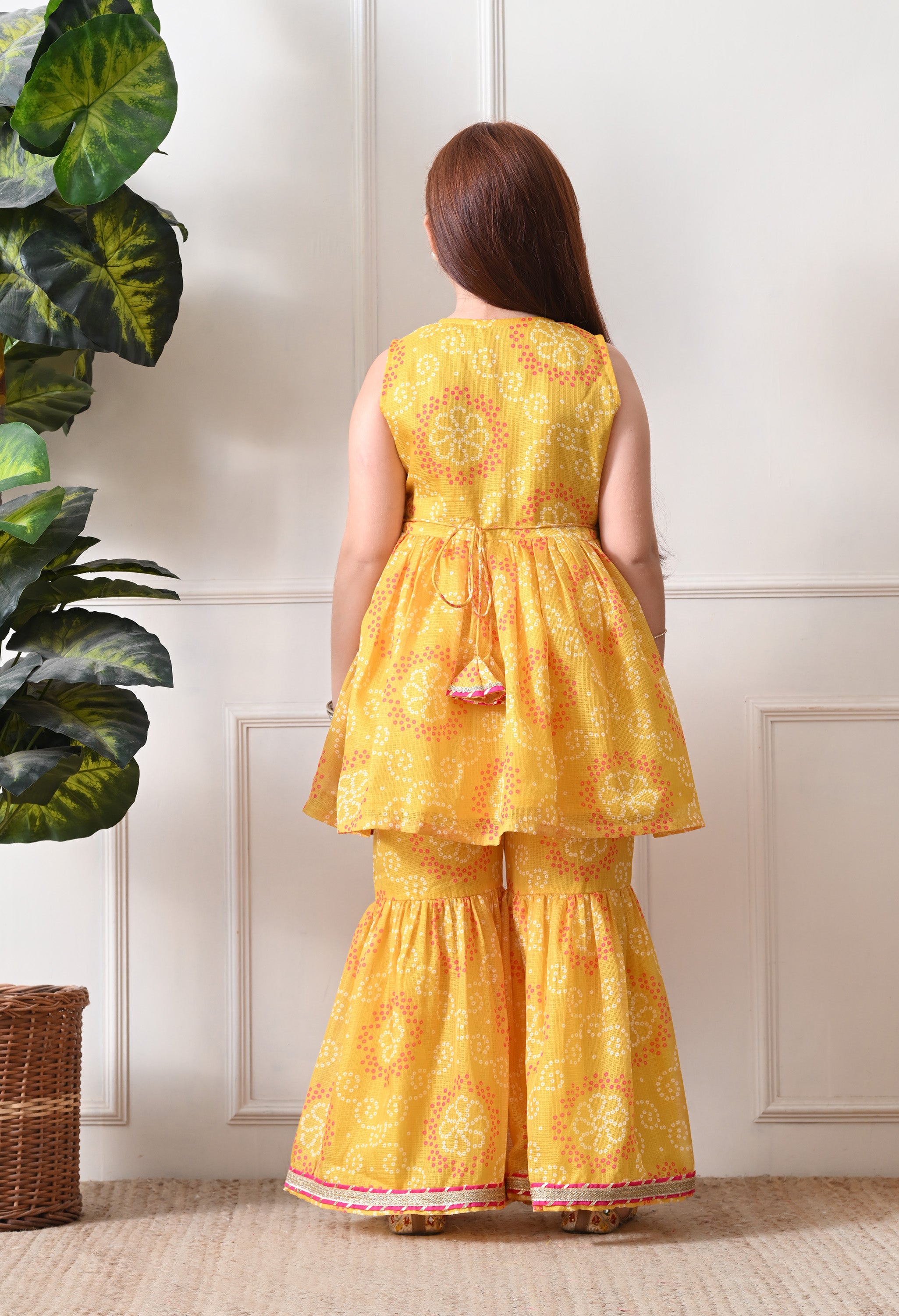 Girl's Yellow Bandhani Print Sleeveless Kurta Sharara Set with Dupatta