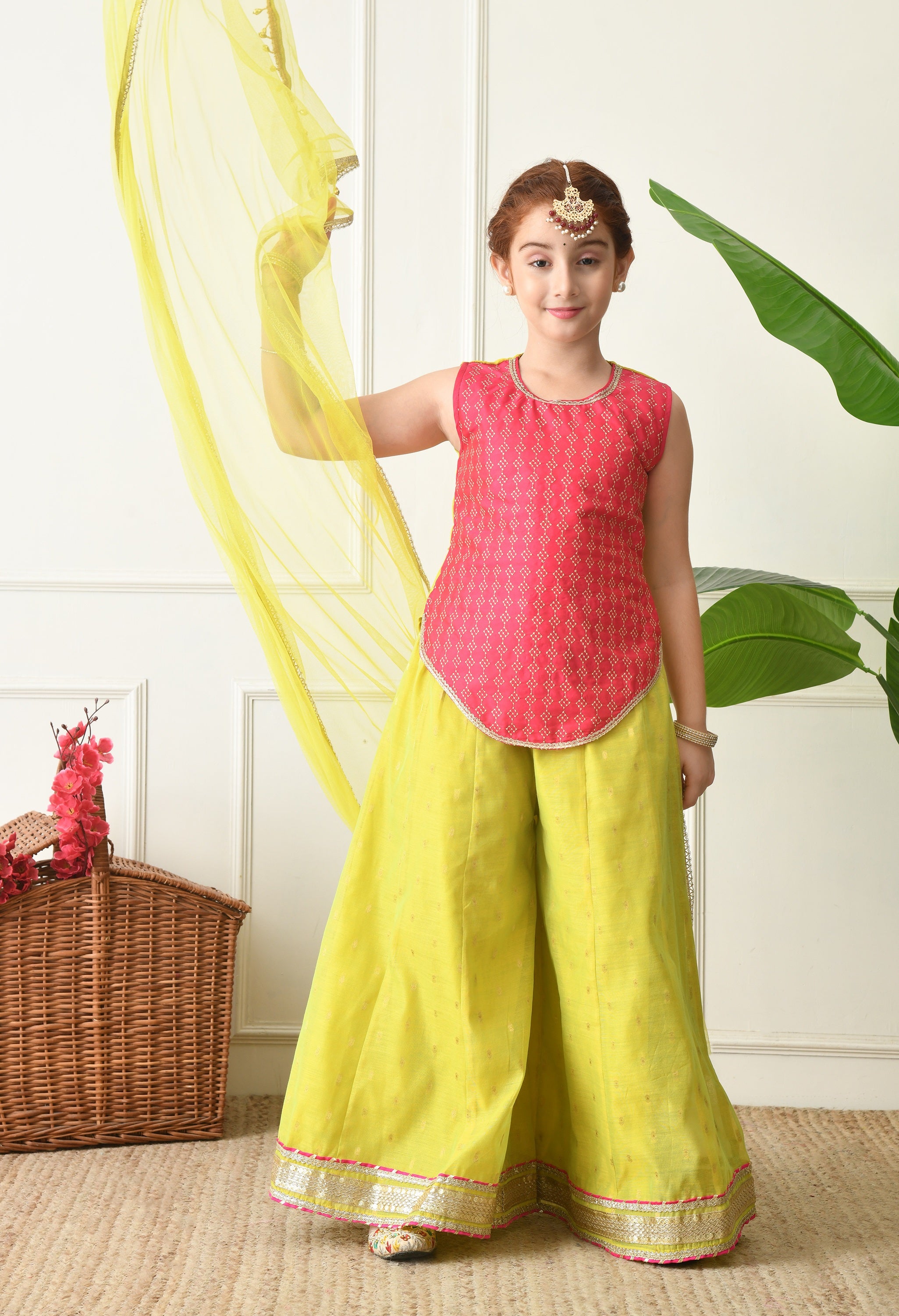 Girls Ethnic Set Pink Sleeveless Kurti with Lime Yellow Sharara & Dupatta