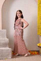 Girls Peach kantha Kurta Sharara set