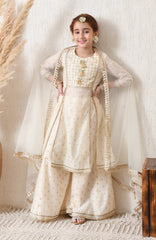 Girls' Cream & Gold Ethnic Sharara Set with Dupatta Festive Wear for Girls