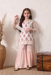 Girls Off White Printed Kurta Sharara Set with Dupatta