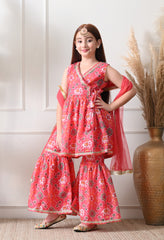 Girl's Peach Sleeveless Printed Kurta Sharara Set with Dupatta