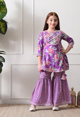 Girl's Floral Printed Kurta Sharara Set Purple Bloom