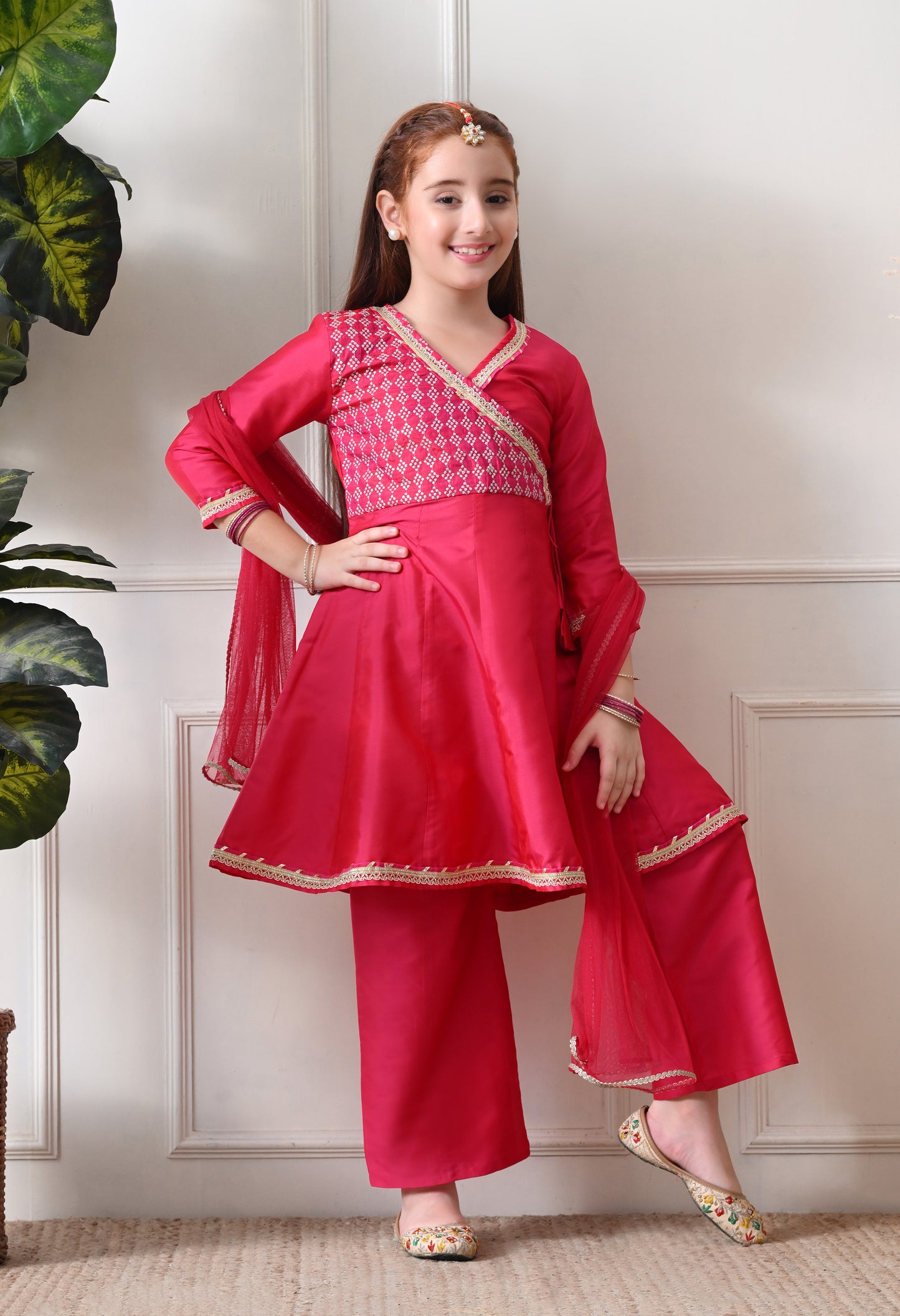 Girl's Pink Angrakha Kurta and Pant Set with Dupatta