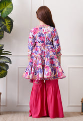 Girl's Multicolor Floral Peplum Tiered Kurta with Sharara Festive Fusion Set