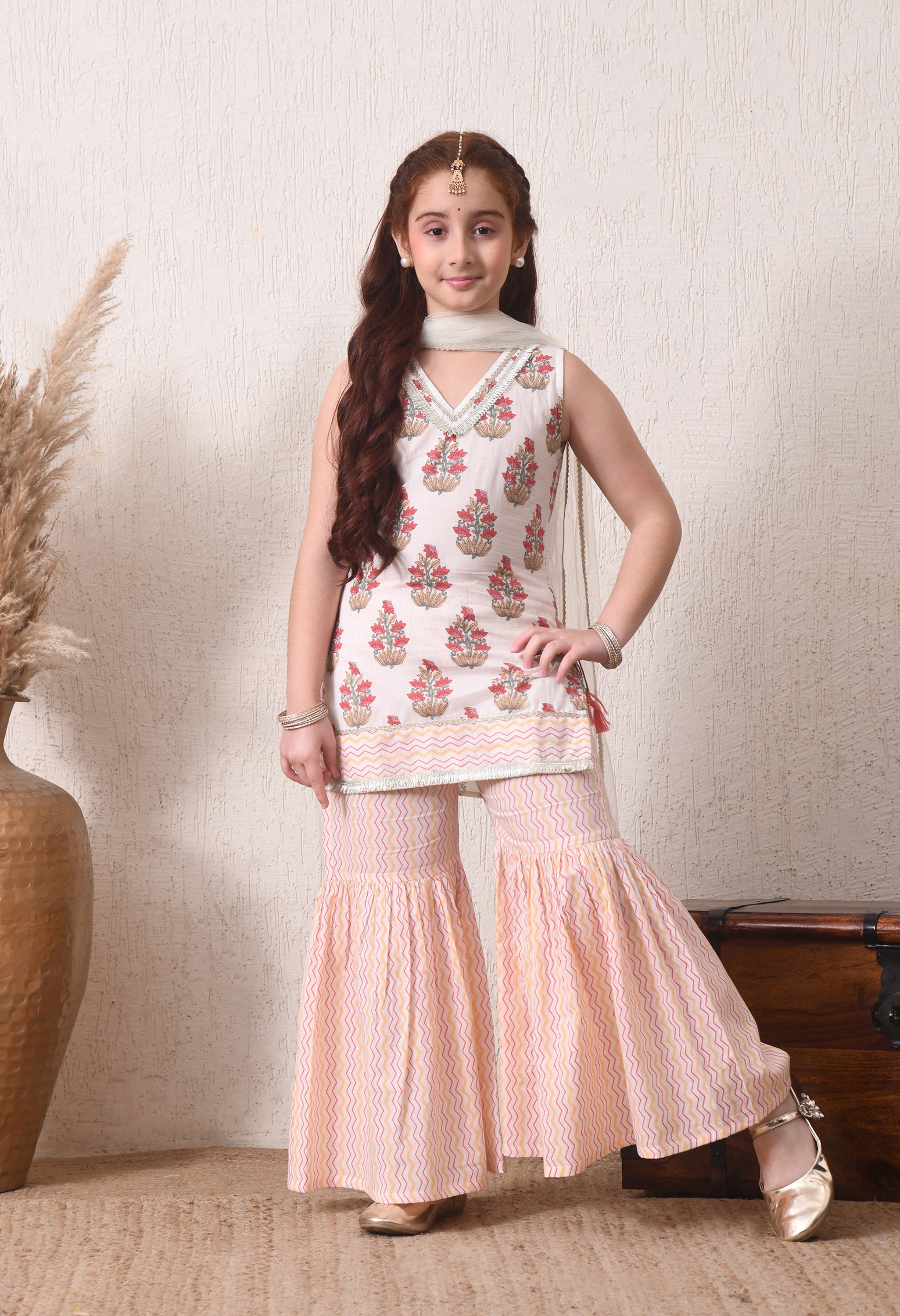 Girls Off White Printed Kurta Sharara Set with Dupatta