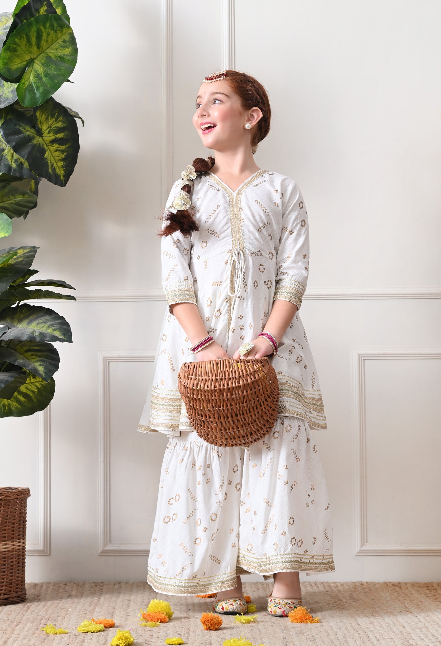 Girls Off White Bandhej foil print Kurta with Sharara Set
