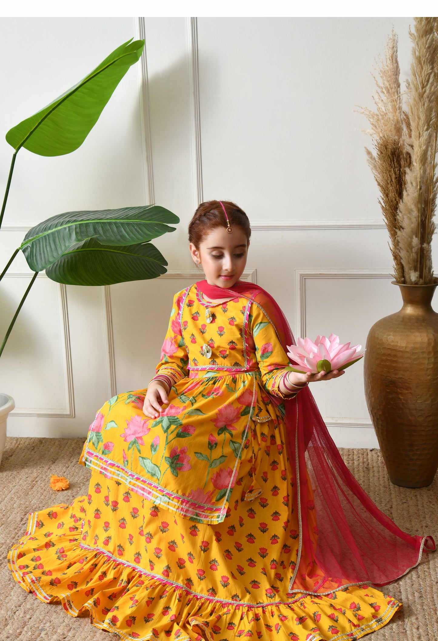 Girl's Yellow Floral Printed Kurta Skirt Set with Dupatta Festive Ethnic Wear