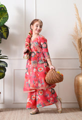 Girl's Peach Multicolor Printed Kurta Sharara Set with Dupatta