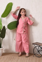 Girls Pink Festive Kurta & Palazzo Set with Dupatta