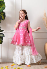Girls Baby Pink Jacquard Kurta with White Sharara Set