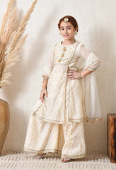 Girls' Cream & Gold Ethnic Sharara Set with Dupatta Festive Wear for Girls