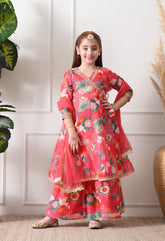 Girl's Peach Multicolor Printed Kurta Sharara Set with Dupatta