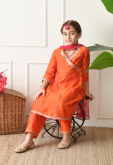 Girls Orange Angrakha Kurta Set with Pink Dupatta Ethnic Wear for Girls