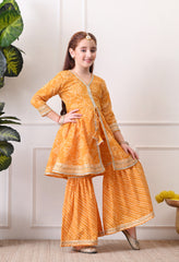 Girl's Mustard Bandhani Print Kurta with Sharara Set Festive Ethnic Ensemble