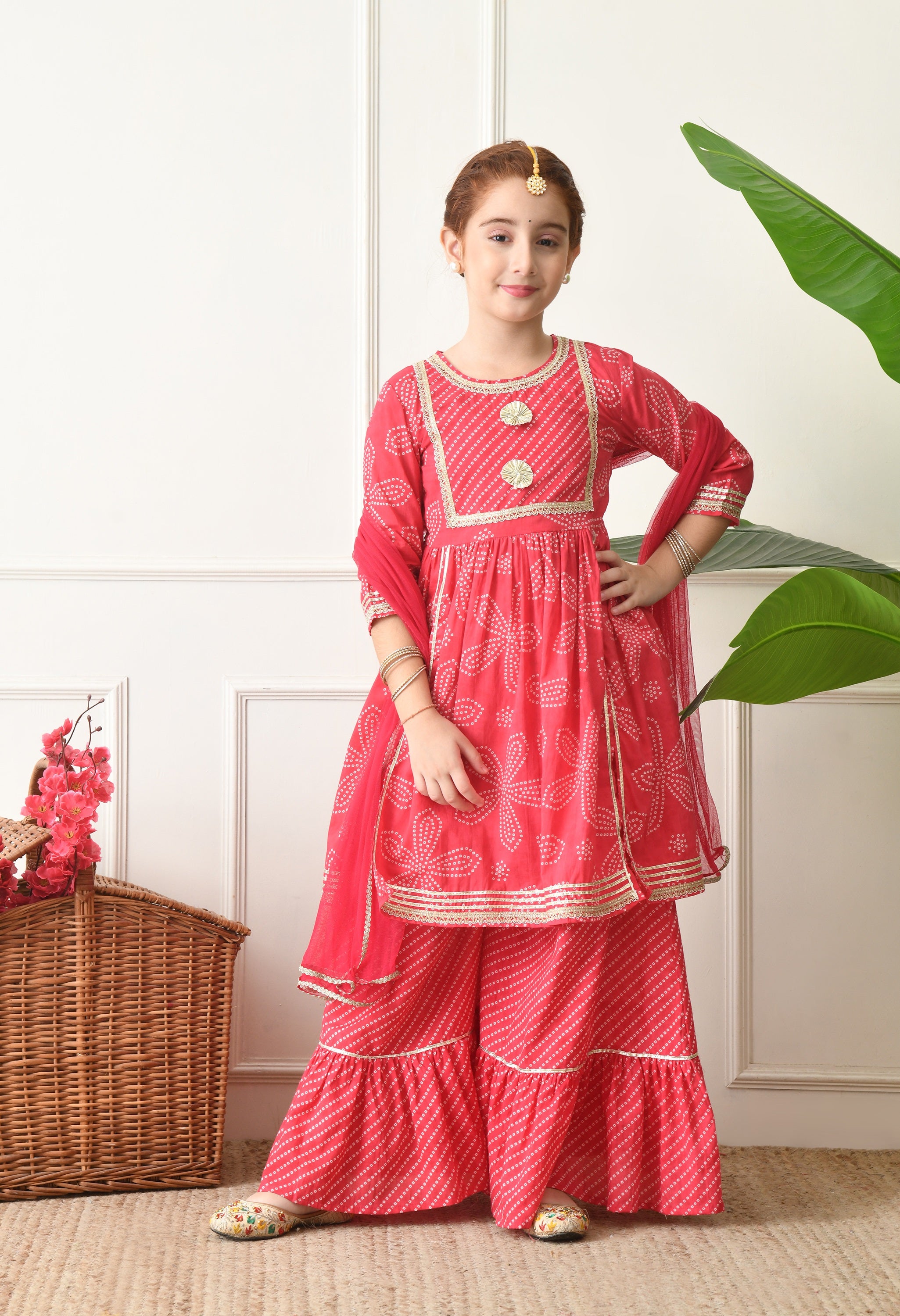 Girls Red Bandhej Print Sharara Set with Dupatta Festive Wear for Girls