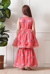 Girl's Peach Sleeveless Printed Kurta Sharara Set with Dupatta