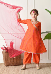 Girls Orange Angrakha Kurta Set with Pink Dupatta Ethnic Wear for Girls