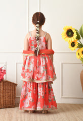 Girl's Red and Pink Floral Printed Sharara Set with Dupatta