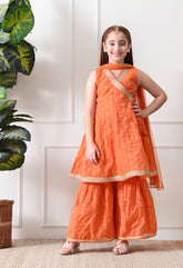 Girl's Orange Sleeveless Kurta Sharara Set with Dupatta